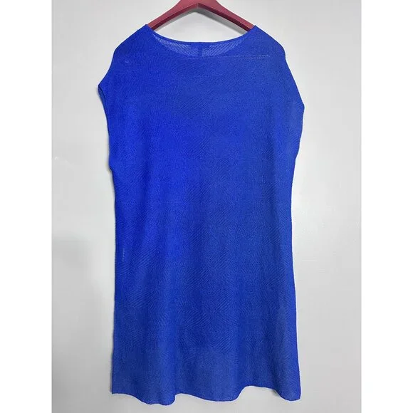 Eileen Fisher Adriatic Blue Rayon Nylon Crinkle Diamond Tunic Sweater Top M - Picture 3 of 9